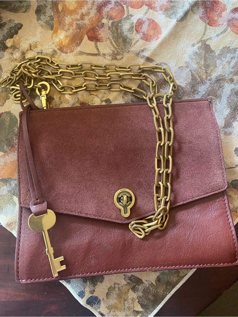 Fossil Burgundy Suede & Leather Crossbody with Gold Chain and Key.